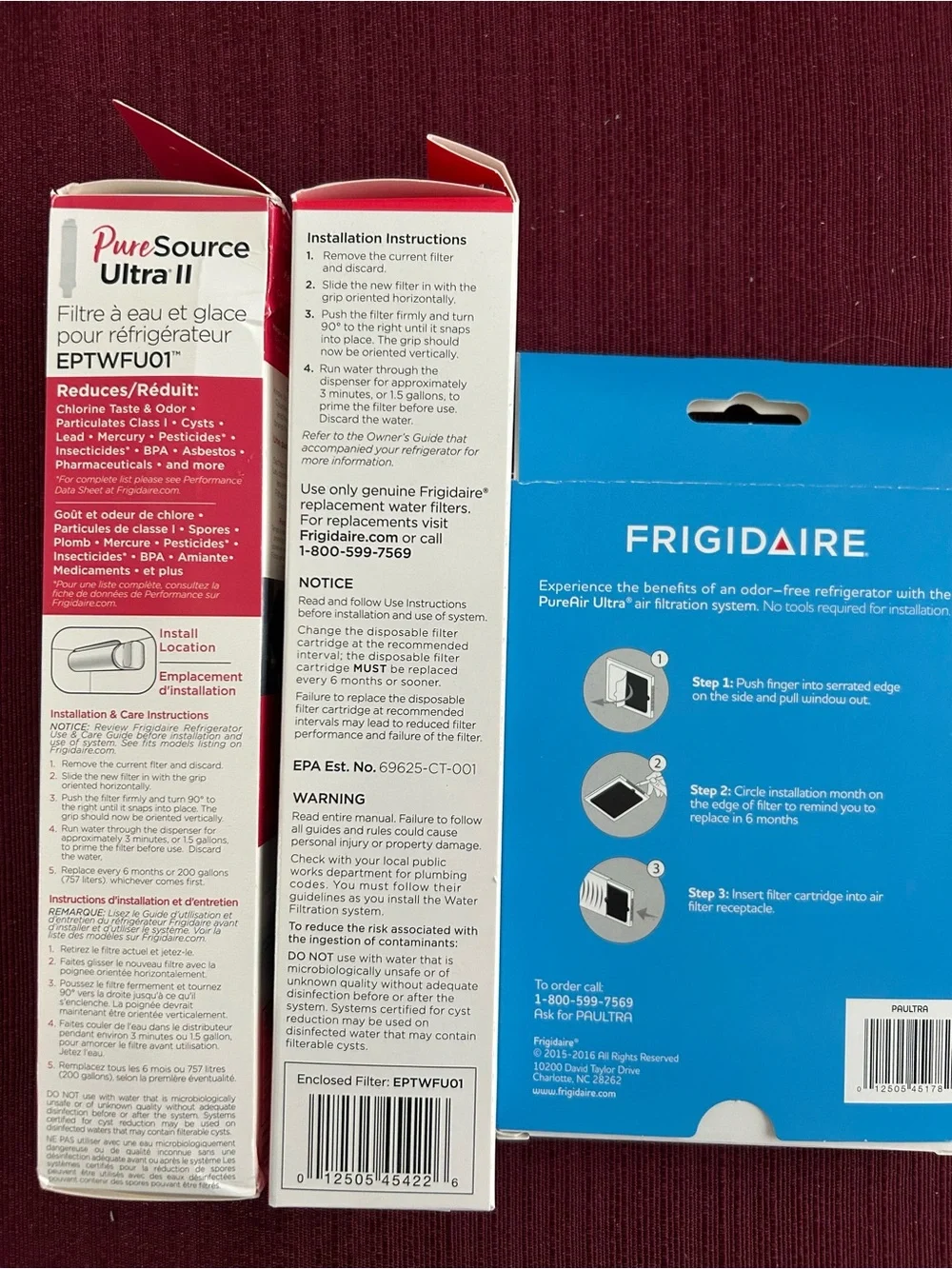 “NIB” 2 Frigidaire Water Filters & 1 Airfilter